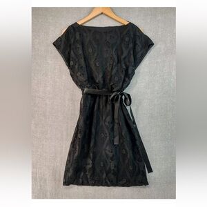 Black Lace Mini Dress with Slit Cap Sleeves and ribbon belt Size 8